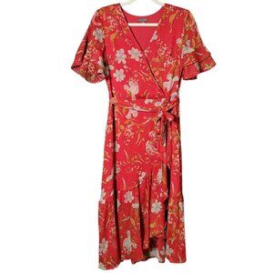 Vince Camuto Womens Red Floral Fairy Cottagecore Ruffle Surplice Belted Dress 0